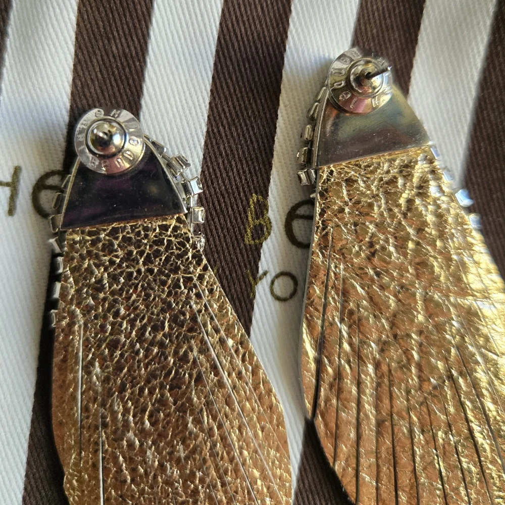 Henri Bendel Lenox Feather Leather Rhinestone Earrings - Picture 5 of 6